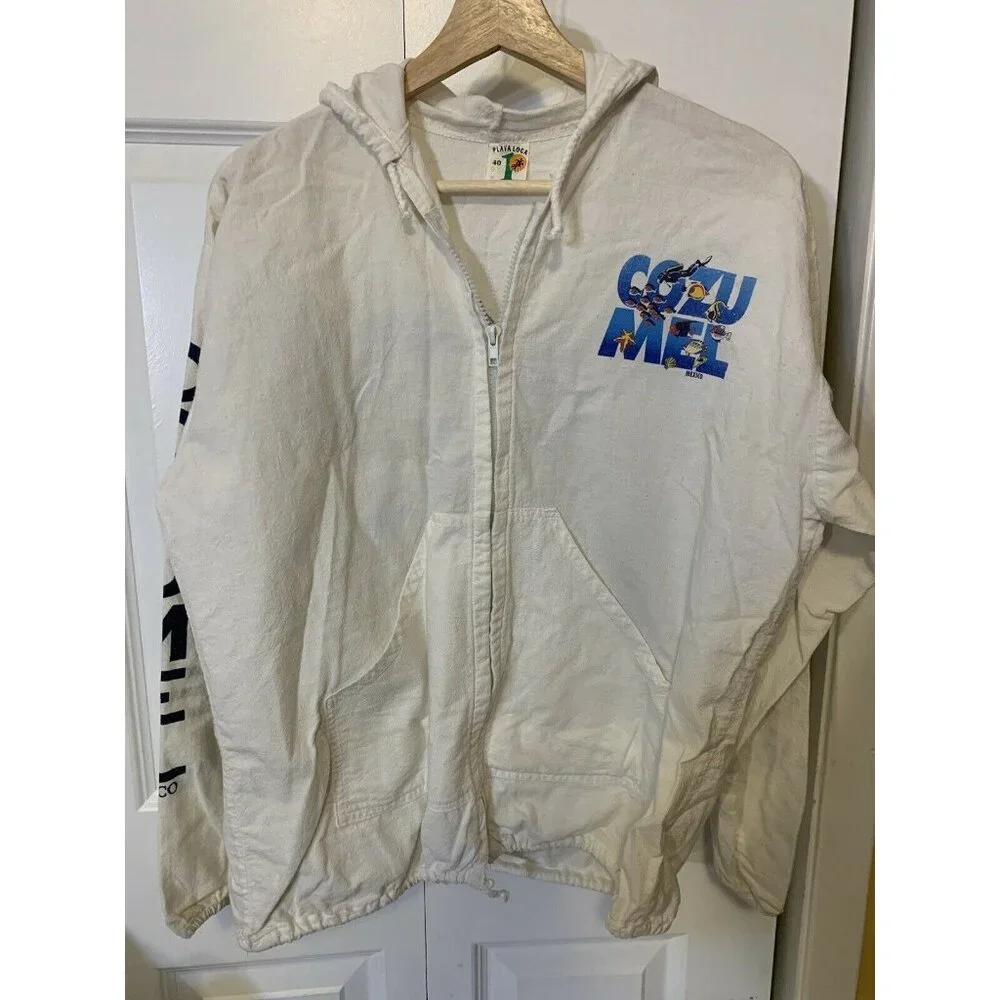 La Iguana Hoodie Full Zip Jacket Vtg‎ 90 Cozumel Mexico Sz L White Rare